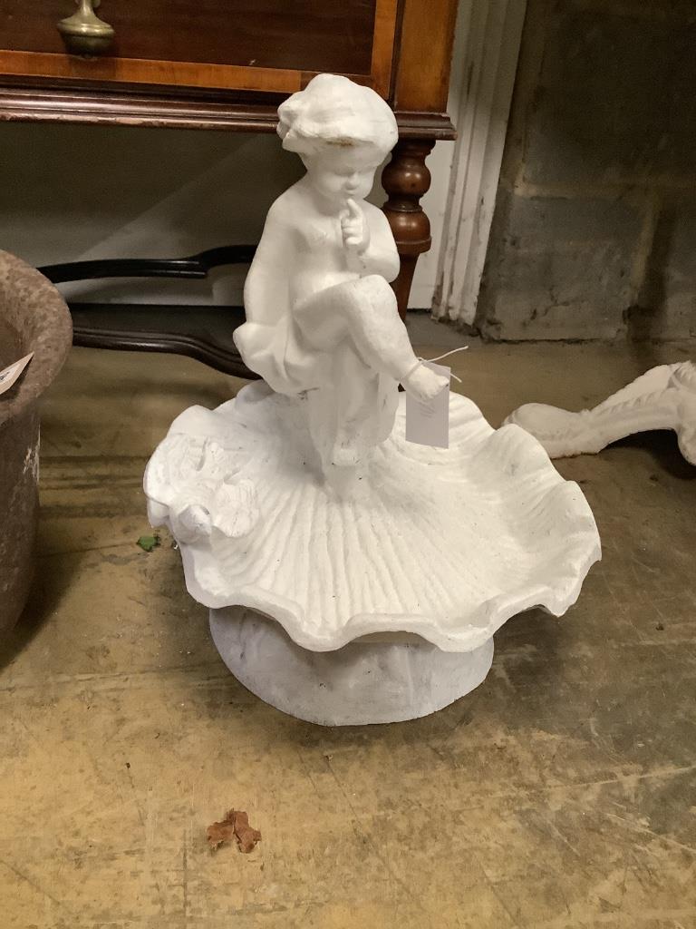 A painted cast iron scallop shell bird bath, height 38cm